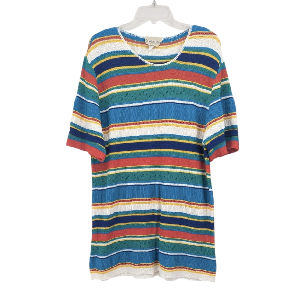 Vintage 60s Donn Kenny Colorful Striped Knit Mini Dress Sweater Tunic Size Large